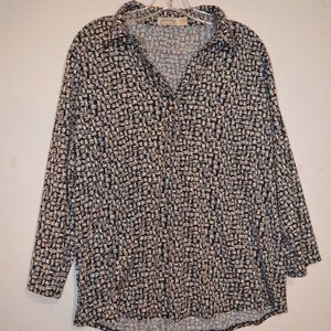 Faded Glory Blouse Black-Grey-White-Tan Prints Collar V-Neck Buttons XL (16-18)